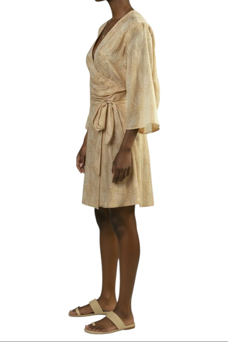 AI generated image Woman wearing a beige dress with a white background