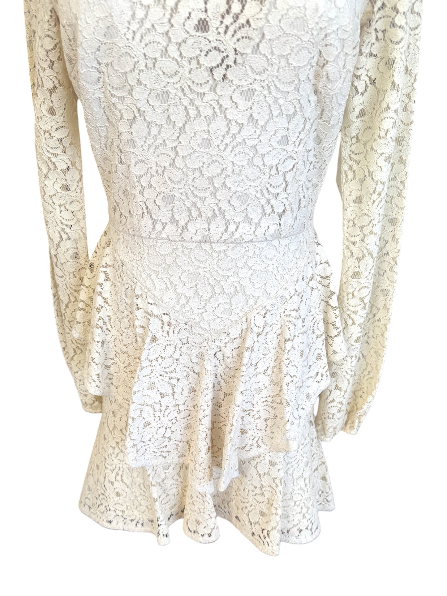 Rebecca Valance Sistine Frill Mini Dress | White, Lace, Peplum, Bridal, Size 8