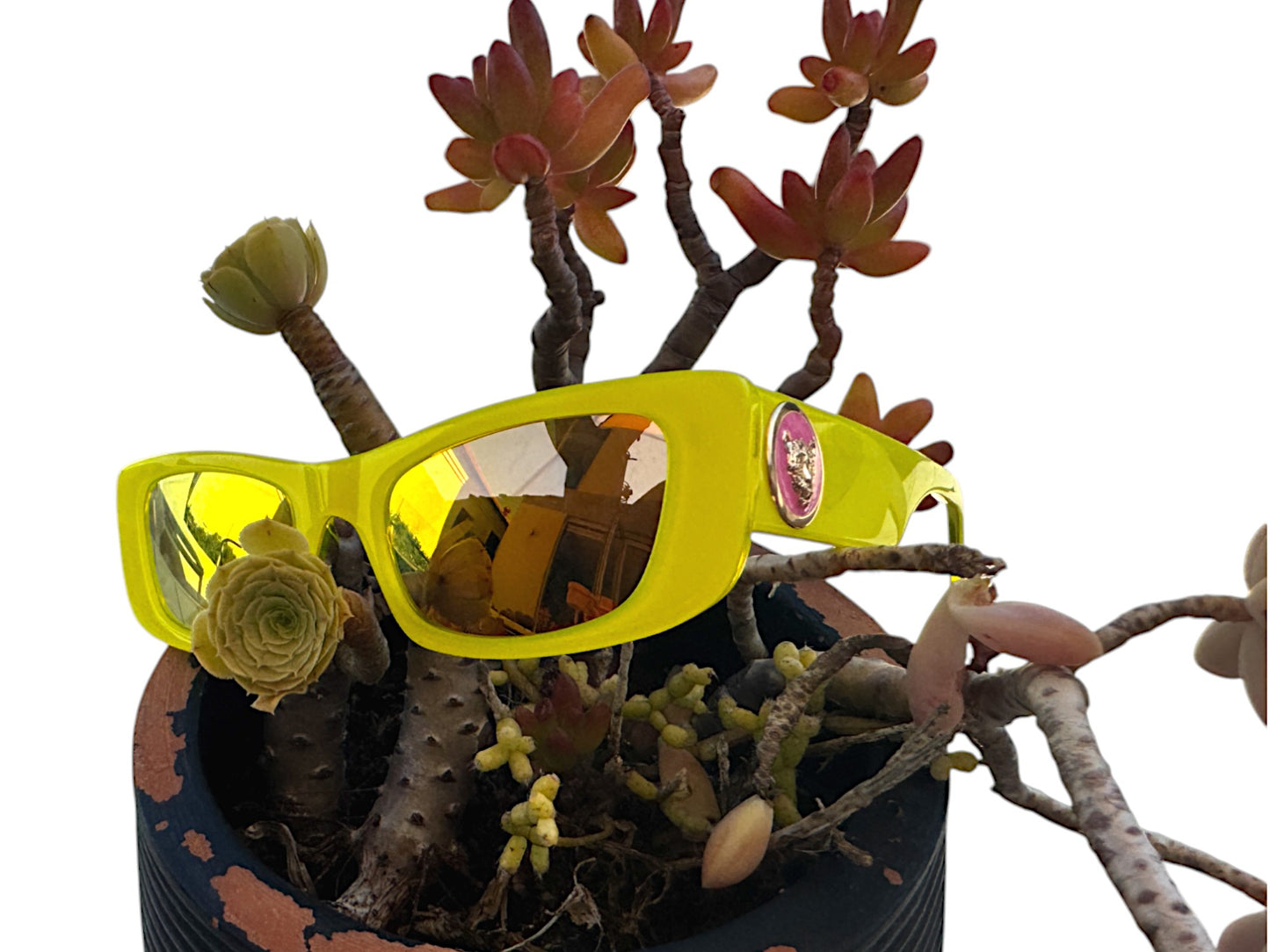 Camilla Ciao Ciao Sunglasses | Neon Yellow Acetate/Gold Jag, Rectangle, Mirrored