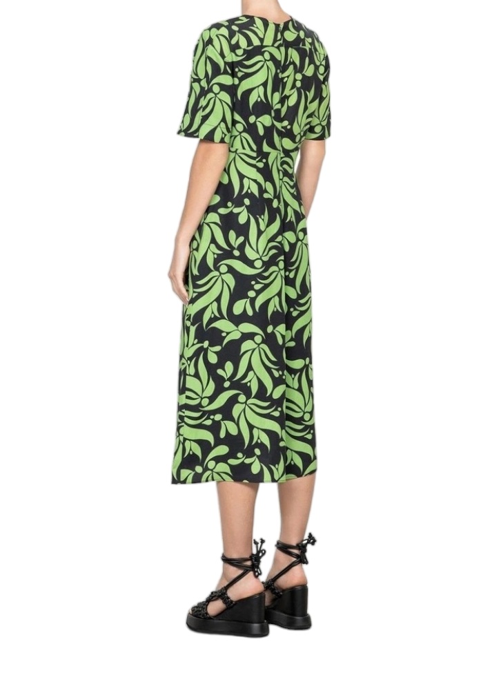 Veronika Maine Ivy Deco Leaves Midi Dress | Green/Black, Keyhole Neck, Floral