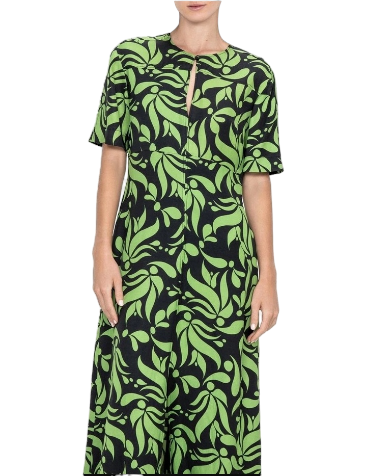 Veronika Maine Ivy Deco Leaves Midi Dress | Green/Black, Keyhole Neck, Floral