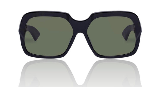 Naked Pear Karen Walker Asscher oversized square sunglasses in black bio-acetate with green lenses.