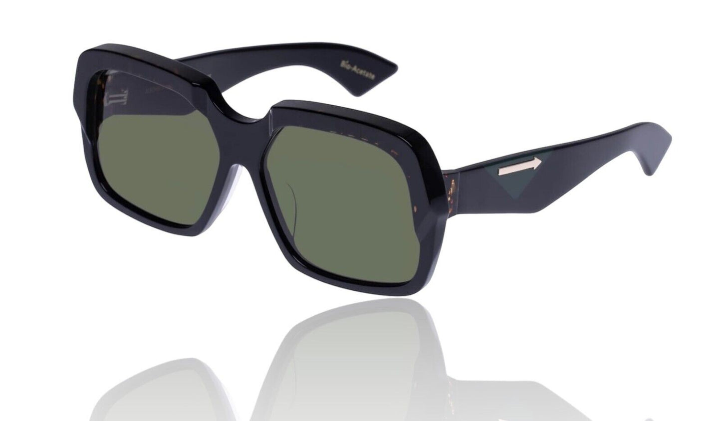 Naked Pear Karen Walker Asscher oversized black bio-acetate square sunglasses with green lenses and arrow hardware.