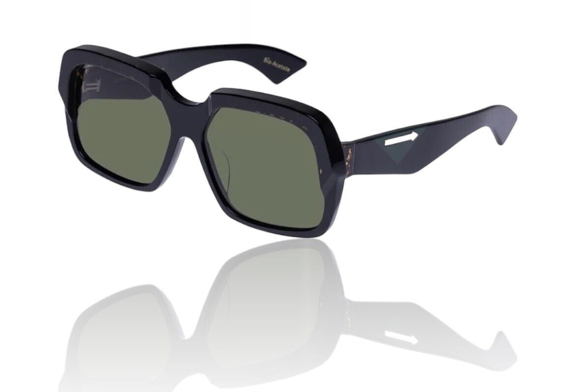 Naked Pear Karen Walker Asscher oversized square sunglasses in black bio-acetate with green lenses and arrow hardware.