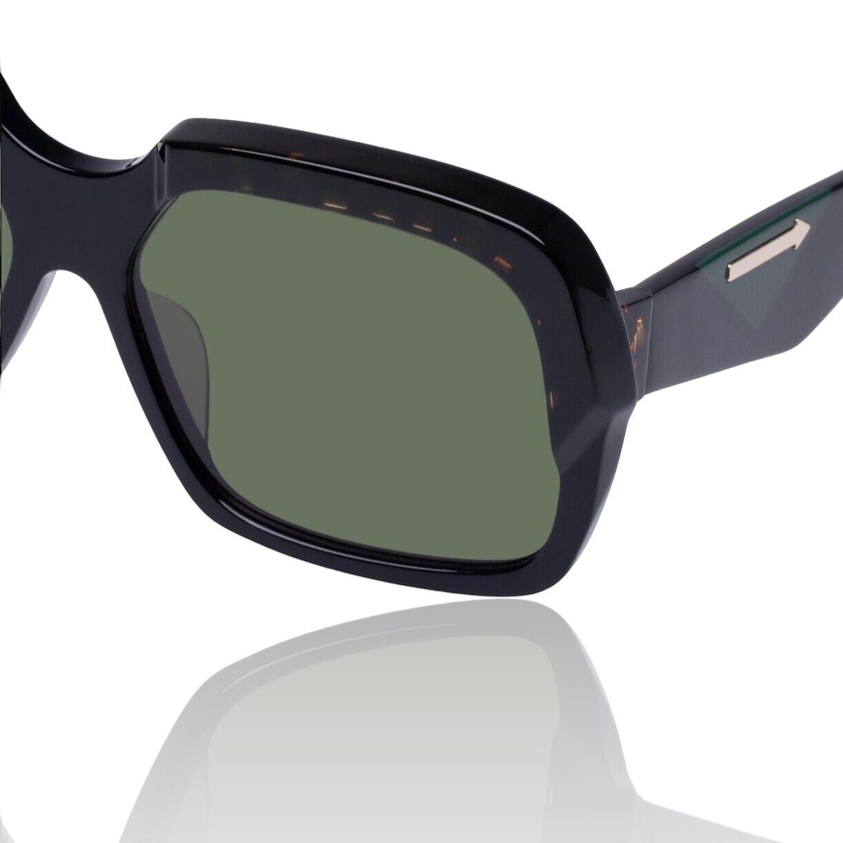 Naked Pear Karen Walker Asscher oversized square sunglasses in black bio-acetate with green lenses and arrow hardware.