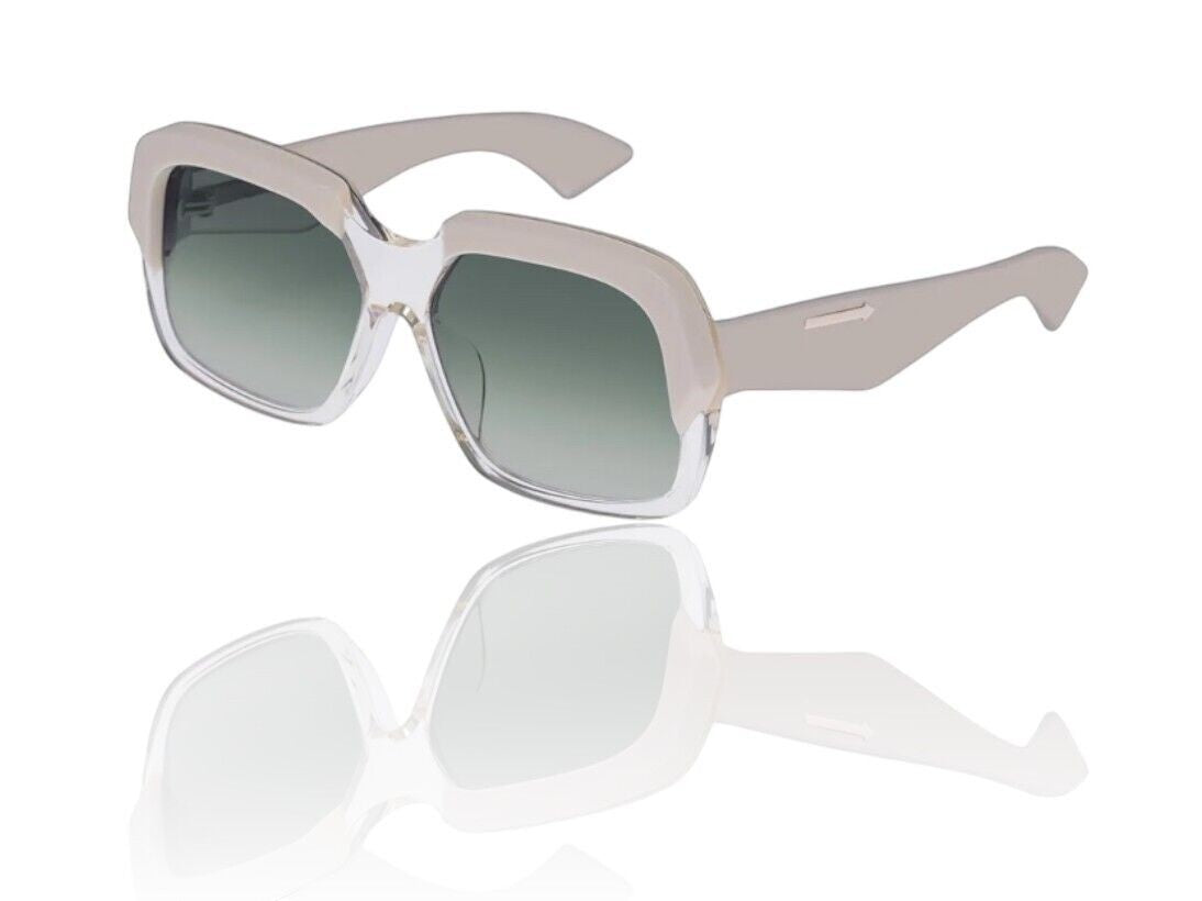 Naked Pear Karen Walker Asscher oversized square sunglasses in ivory sand bio-acetate with green gradient lenses.