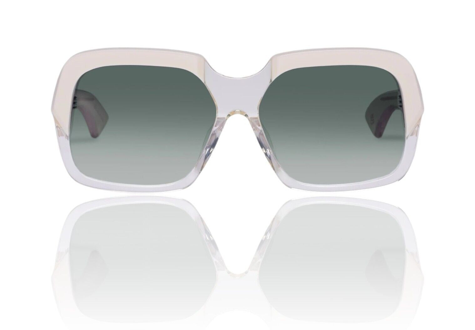 Naked Pear Karen Walker Asscher oversized square sunglasses in ivory sand bio-acetate with green-gradient lenses.