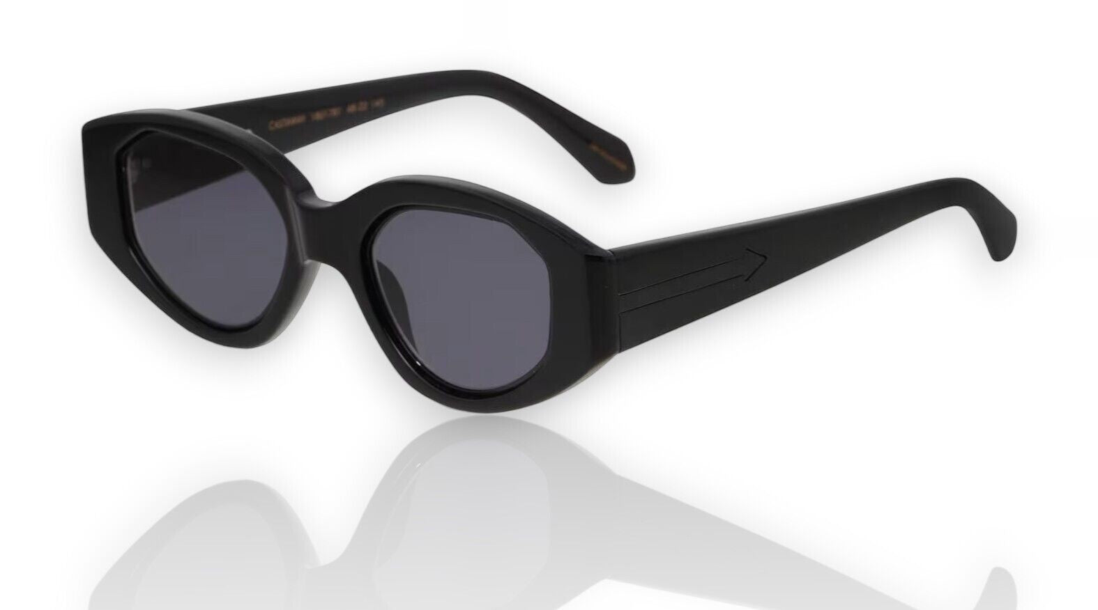 Naked Pear Karen Walker Castaway black acetate oval sunglasses with grey smoke lenses and signature arrow hardware.