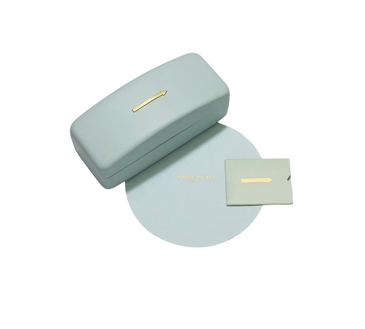 Naked Pear Karen Walker branded light blue sunglasses case with matching cleaning cloth and arrow logo hardware