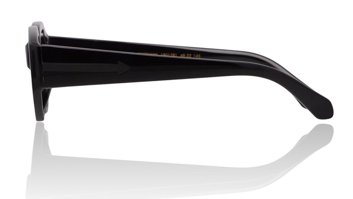 Side view of Naked Pear Karen Walker Castaway sunglasses in black acetate with signature arrow temple detail
