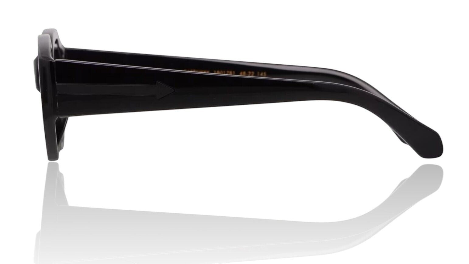 Side view of Naked Pear Karen Walker Castaway sunglasses in black acetate with signature arrow temple detail