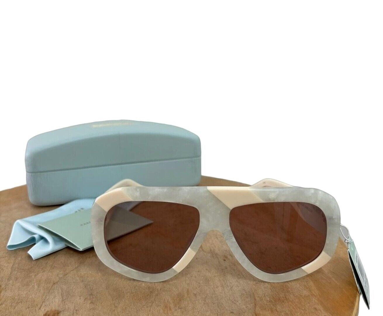 Naked Pear Karen Walker Centurion aviator sunglasses in marble stripe acetate with brown lenses and protective case