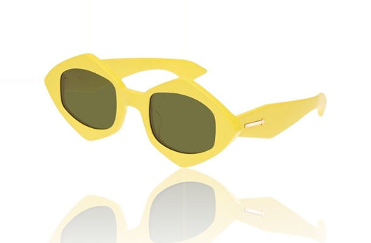 Naked Pear Karen Walker Diamond Dice sunglasses in neon yellow bio-acetate with dark khaki green lenses