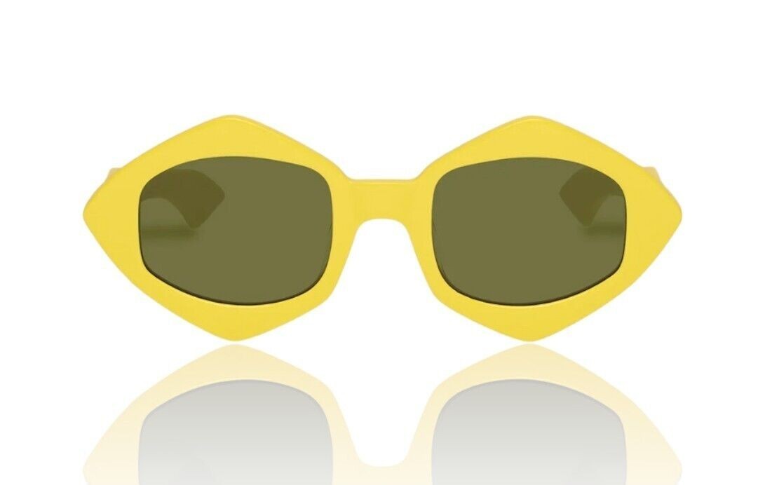Naked Pear Karen Walker Diamond Dice sunglasses in neon yellow bio-acetate with dark khaki green lenses.