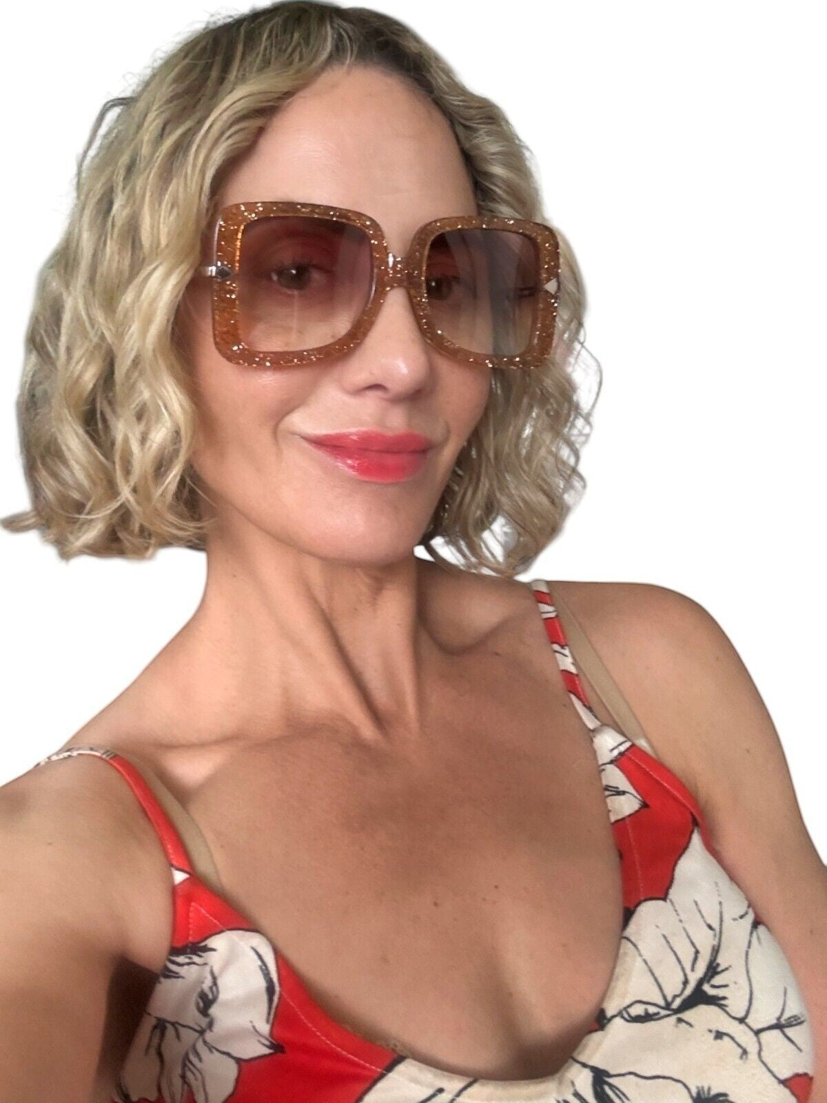 Naked Pear Karen Walker Eden sunglasses in supernova glitter acetate with oversize D-frame and brown gradient lenses