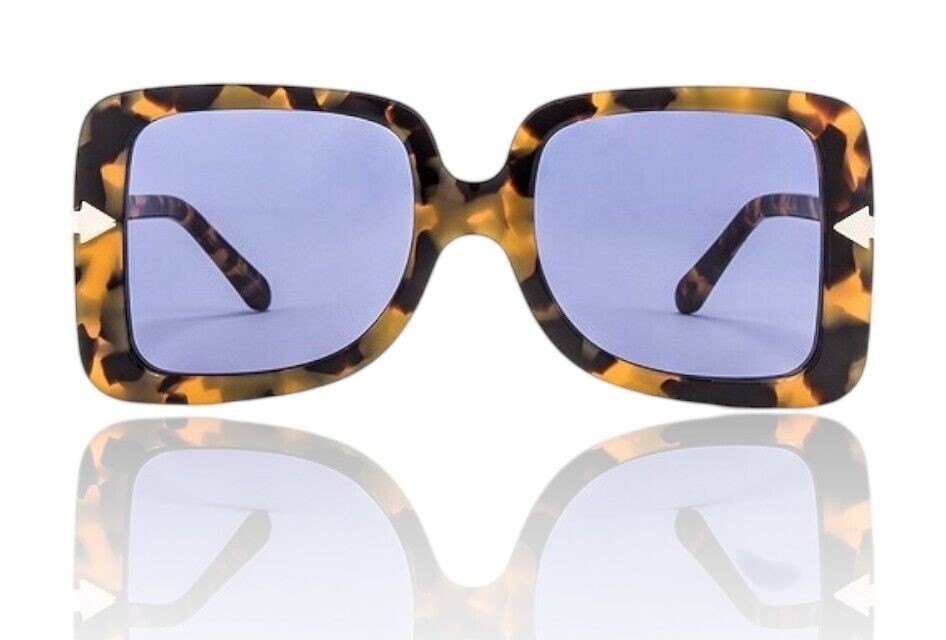 Naked Pear Karen Walker Eden sunglasses featuring oversized D-frame crazy tortoise shell acetate and blue tinted lenses.