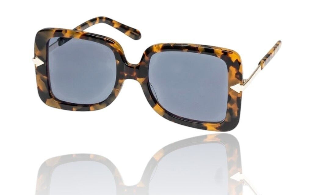 Naked Pear Karen Walker Eden oversized D-frame sunglasses in crazy tortoise shell acetate with blue mono-tinted lenses.