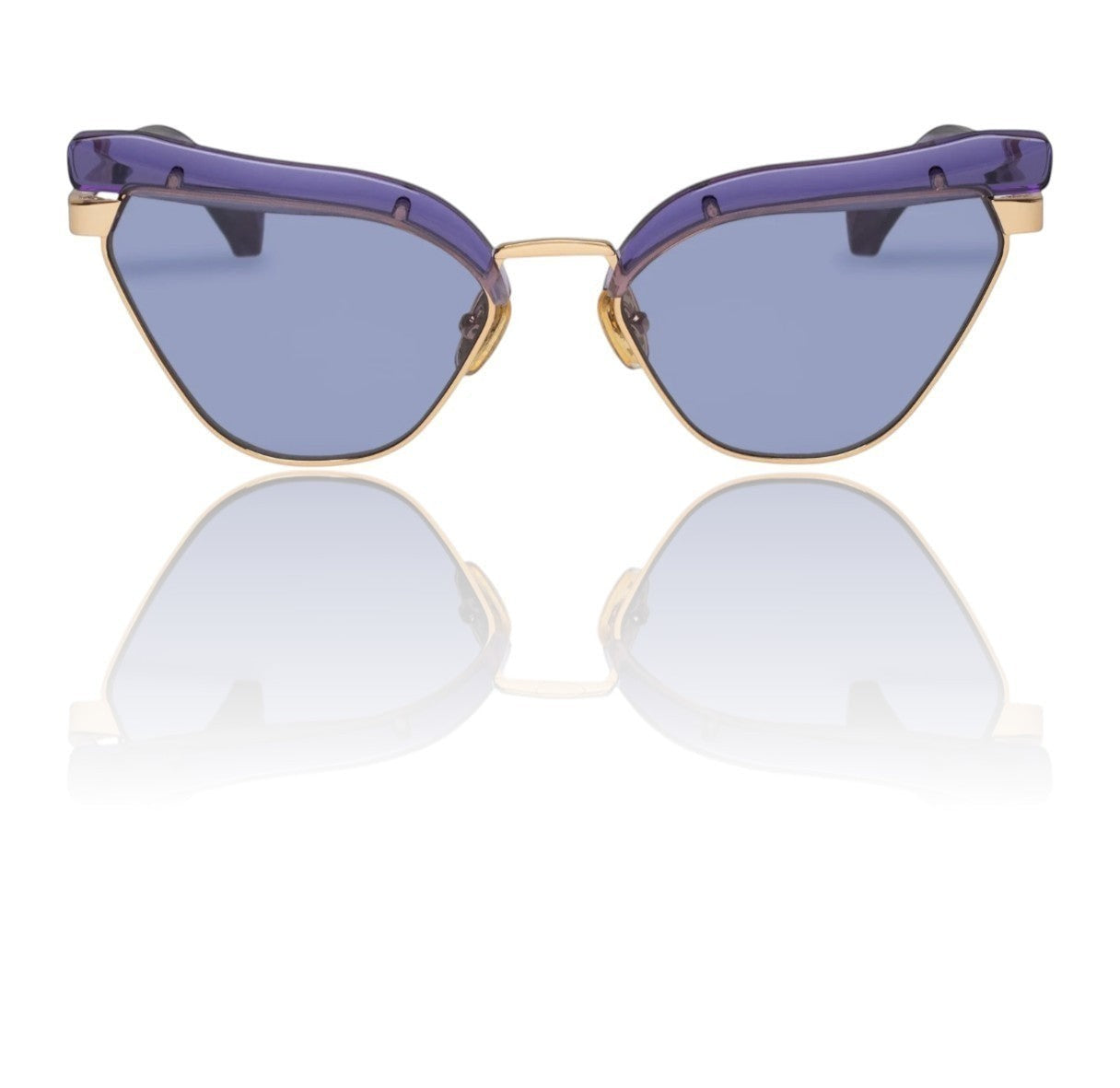 Naked Pear Karen Walker Fantasia cat eye sunglasses with powder blue acetate frames, gold metal accents, and indigo lenses.