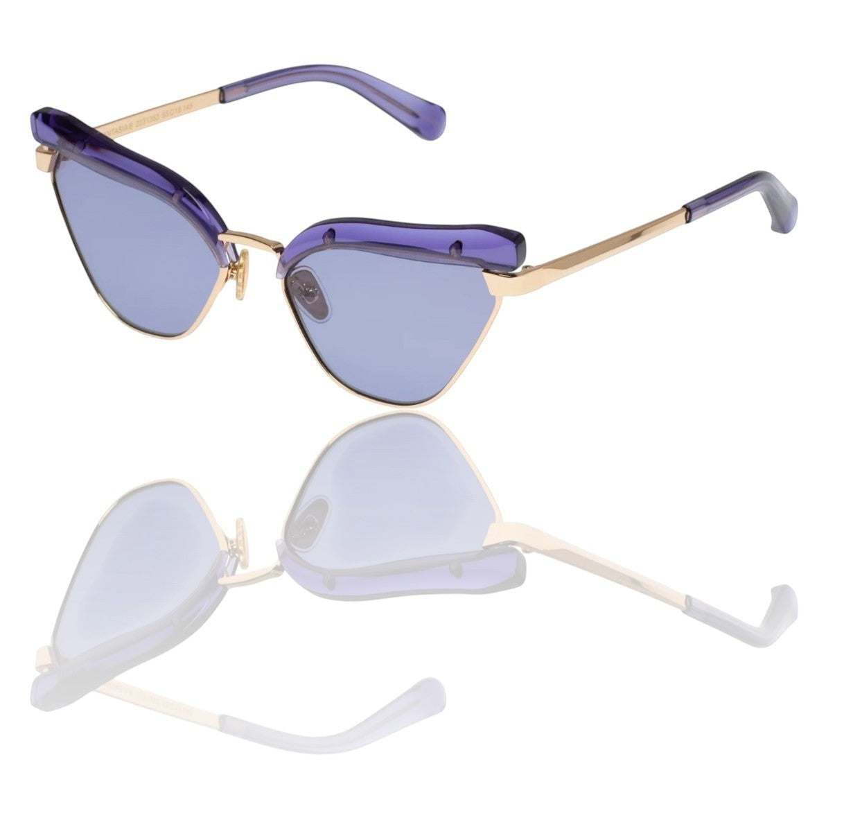 Naked Pear Karen Walker Fantasia cat eye sunglasses in powder blue acetate and gold metal with indigo mono lenses