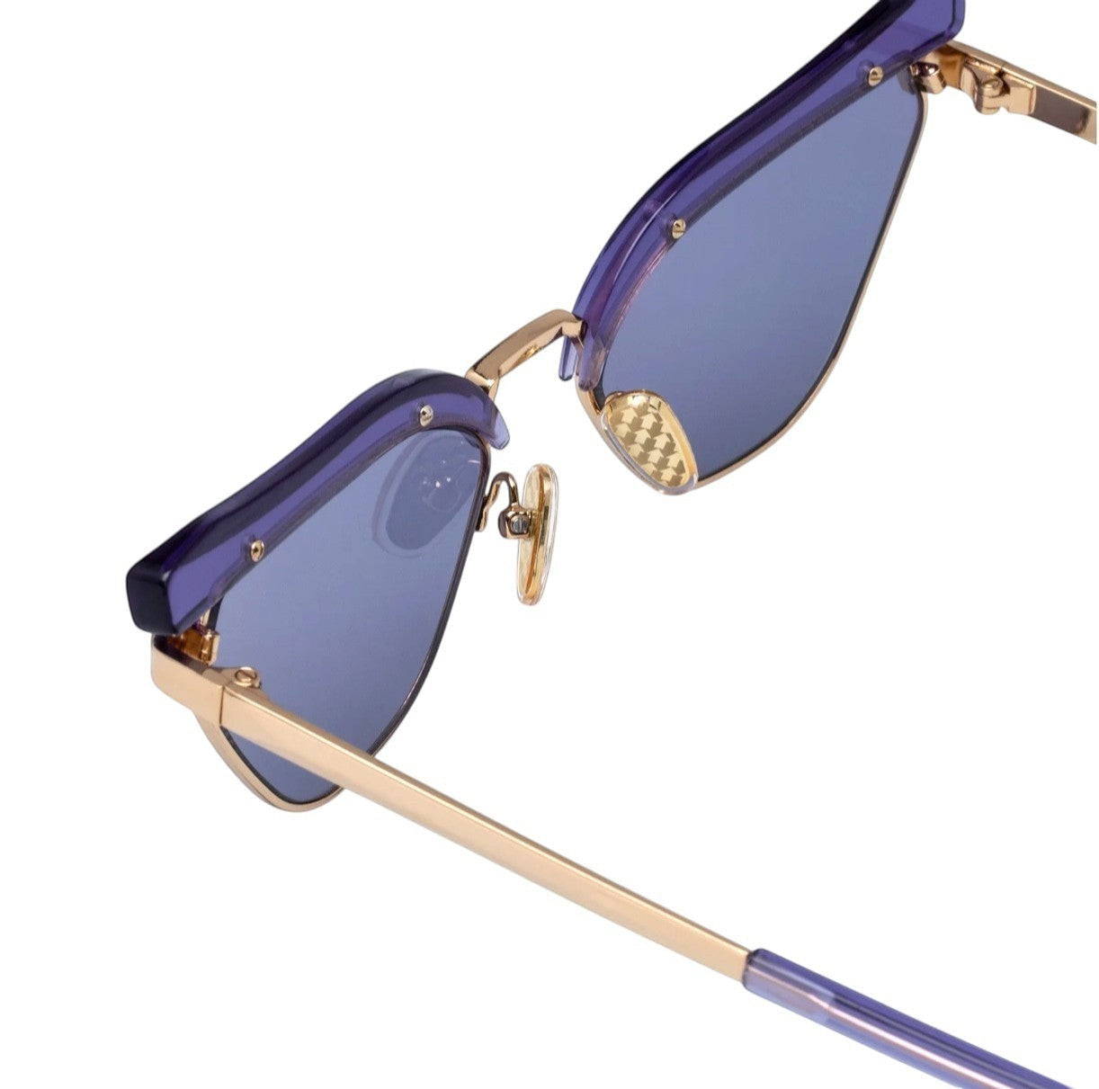 Naked Pear Karen Walker Fantasia cat eye sunglasses in powder blue acetate and gold metal with indigo mono lenses
