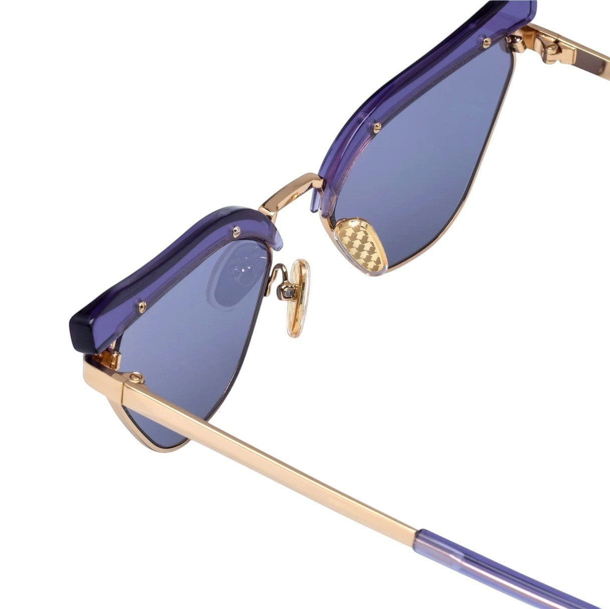 Naked Pear Karen Walker Fantasia cat-eye sunglasses in powder blue acetate and gold metal with indigo mono lenses