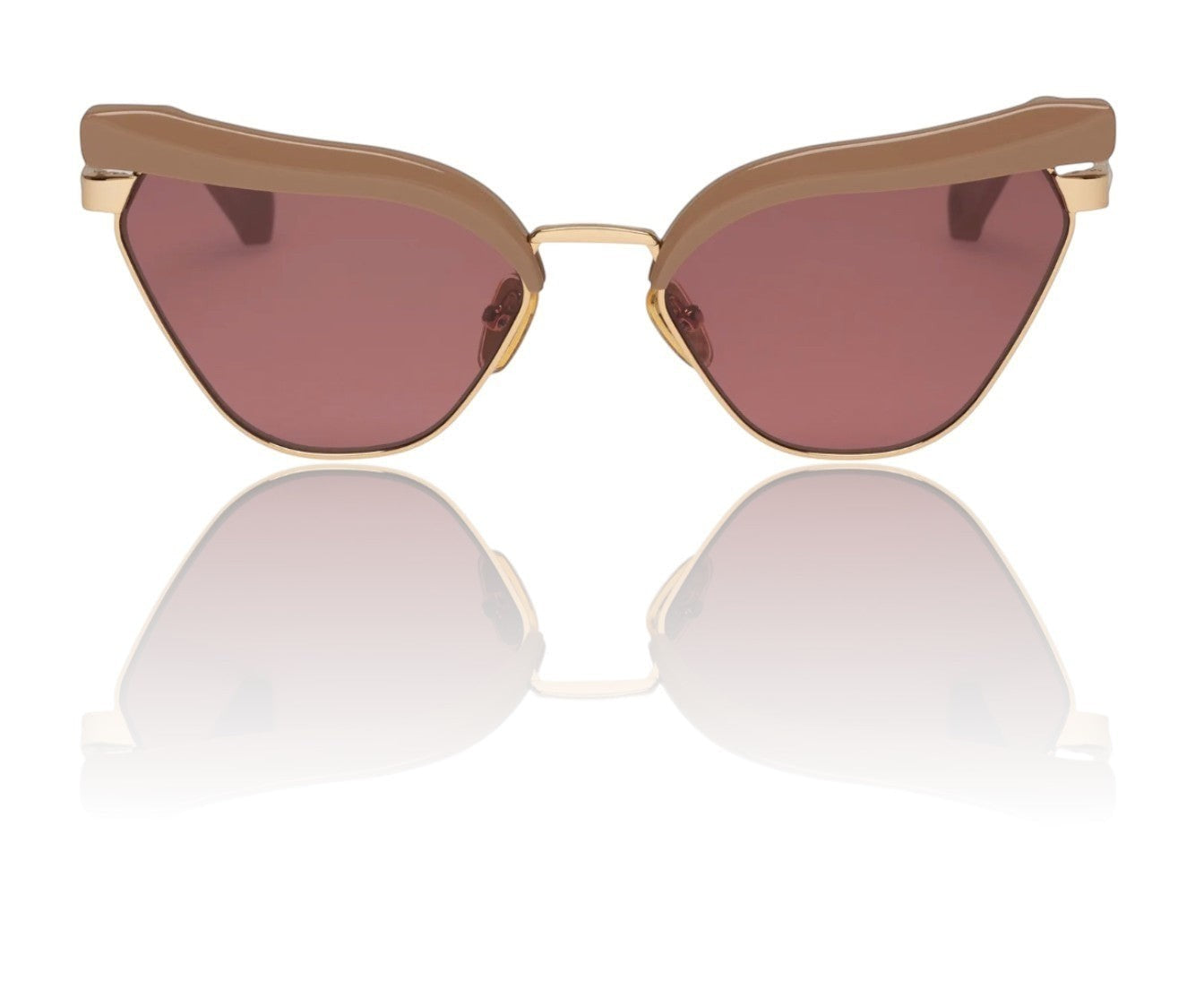 Naked Pear Karen Walker Fantasia cat eye sunglasses in taupe acetate and gold metal with maroon mono lenses