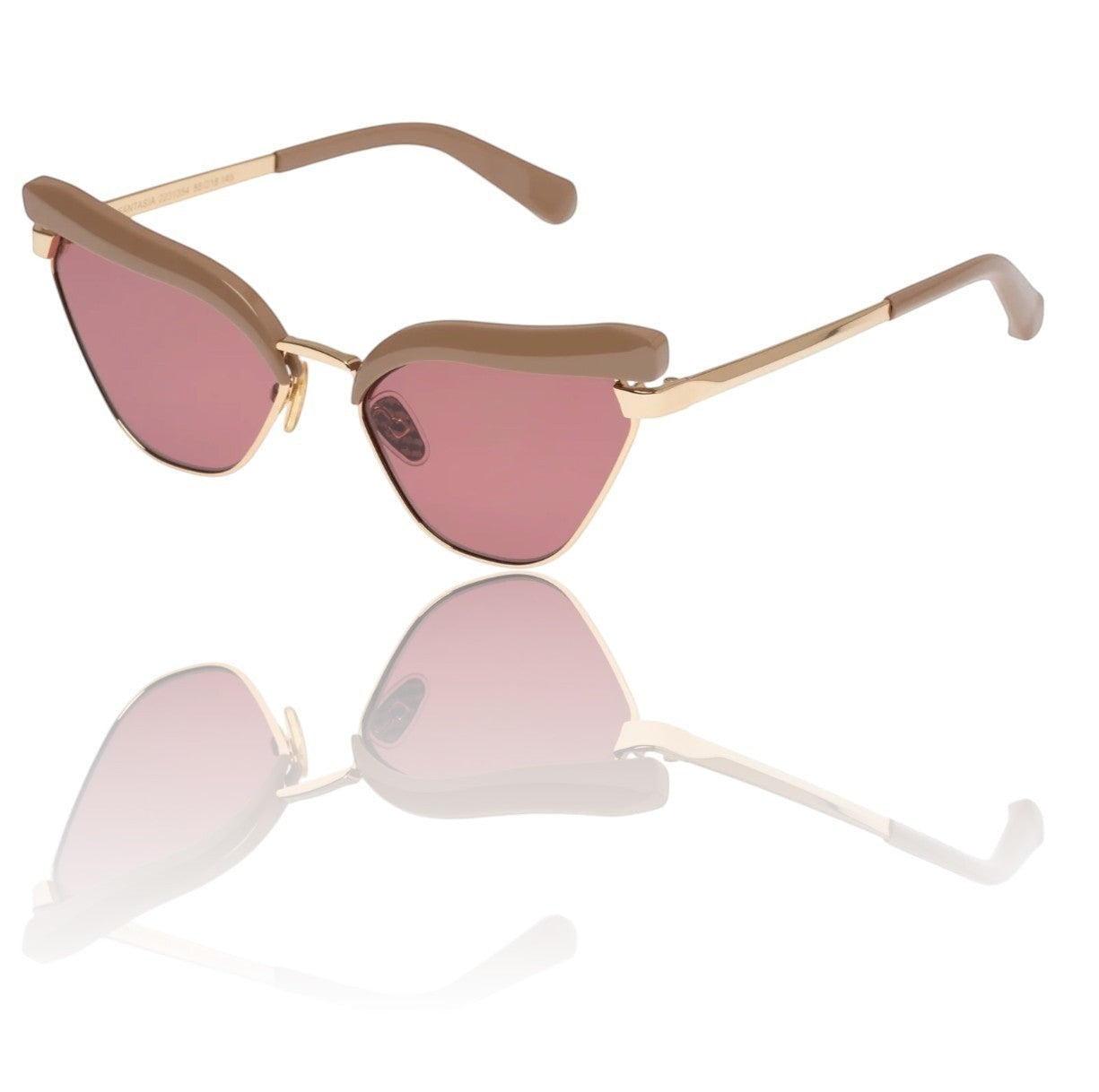 Naked Pear Karen Walker Fantasia cat-eye sunglasses in taupe acetate and gold metal with maroon mono lenses.