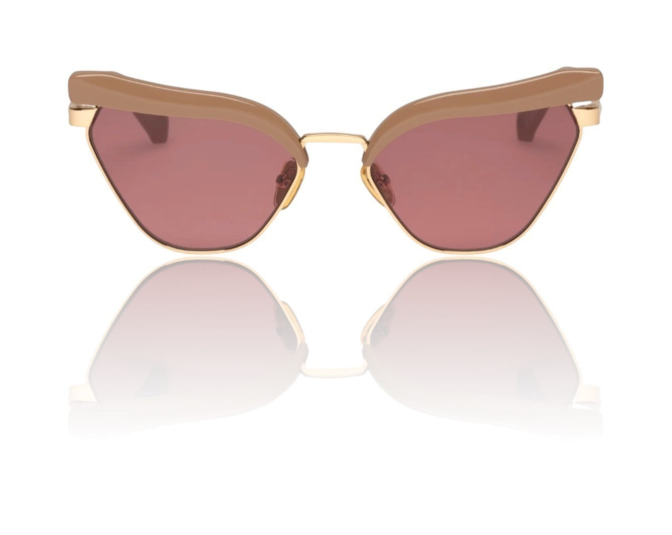Naked Pear Karen Walker Fantasia cat-eye sunglasses in taupe acetate and gold metal with maroon mono lenses.