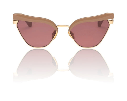Naked Pear Karen Walker Fantasia cat-eye sunglasses in taupe acetate and gold metal with maroon mono lenses.