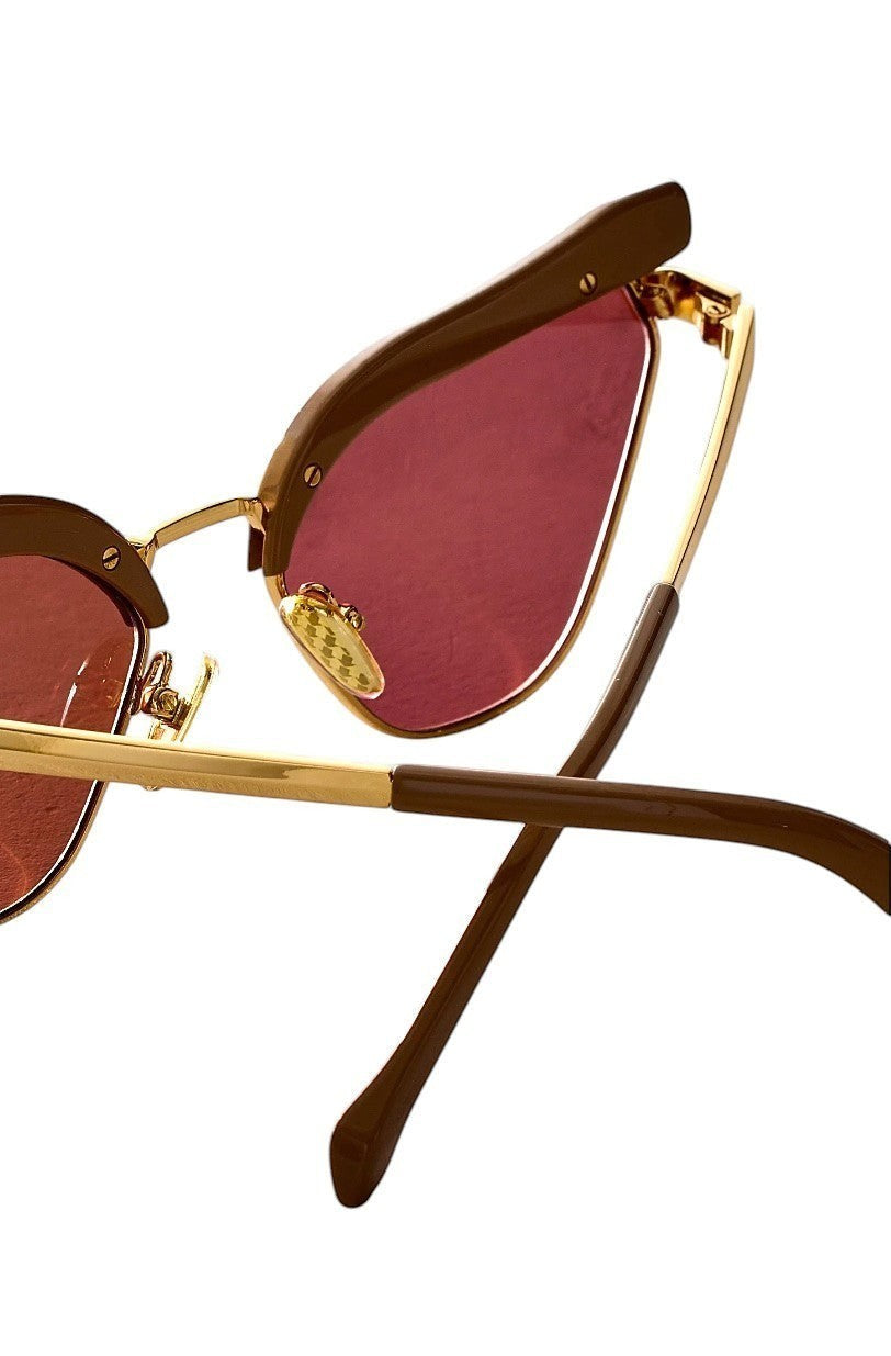 Naked Pear Karen Walker Fantasia cat eye sunglasses in taupe acetate and gold metal with maroon mono lenses
