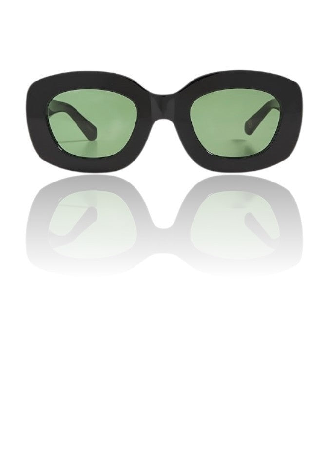 Naked Pear Karen Walker Field Trip sunglasses featuring a chunky black bio-acetate rectangular frame and green lenses.