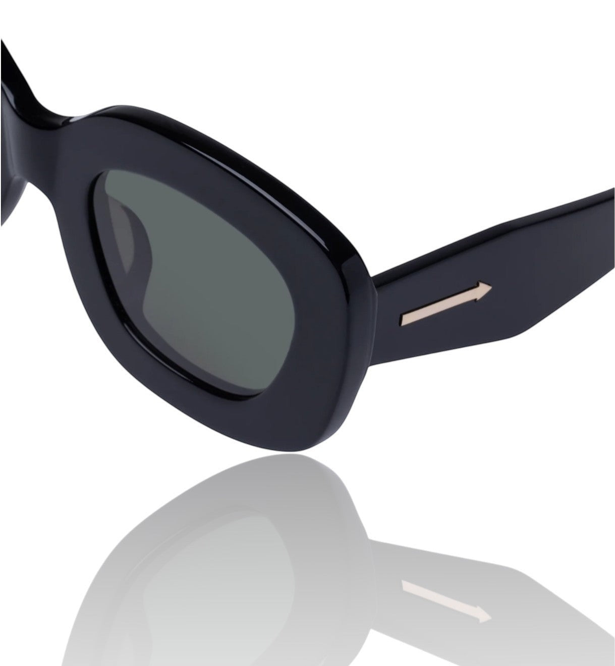 Naked Pear Karen Walker Field Trip sunglasses featuring a chunky black bio-acetate rectangular frame and green lenses.