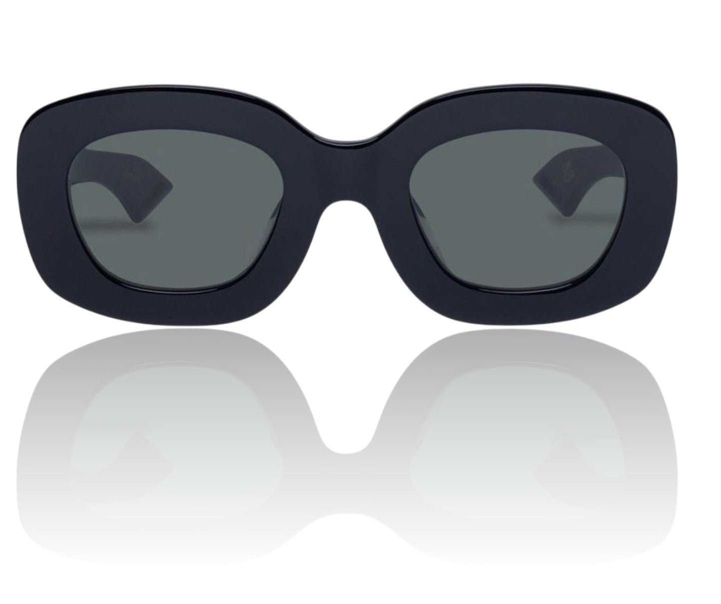 Naked Pear Karen Walker Field Trip sunglasses featuring a chunky black bio-acetate rectangular frame and green lenses.