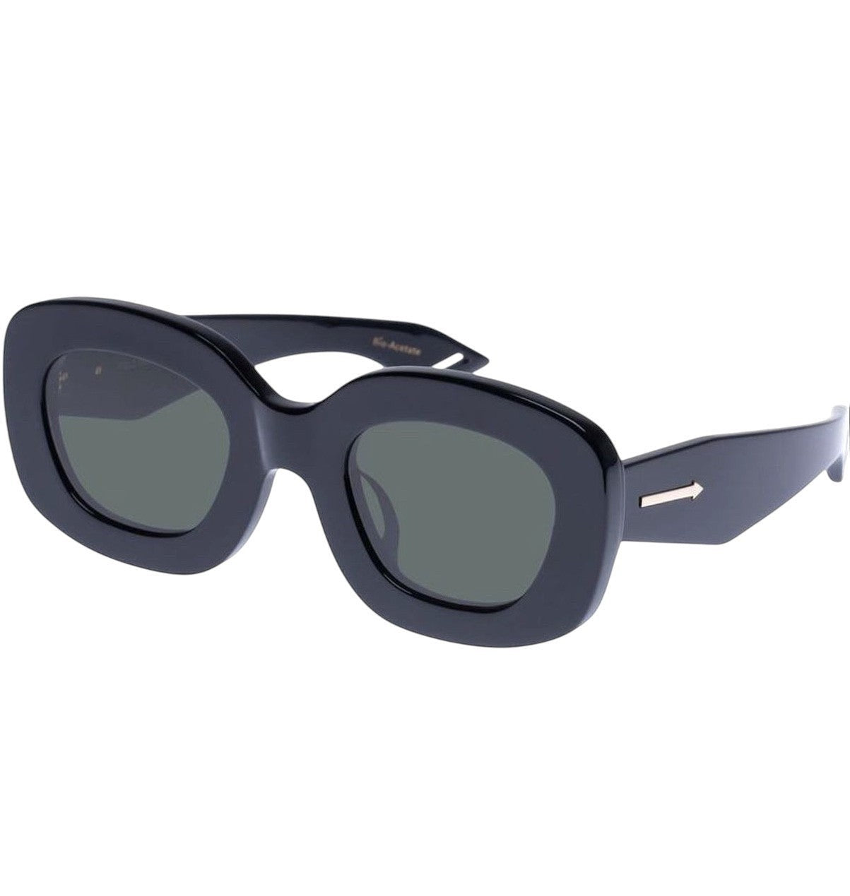 Naked Pear Karen Walker Field Trip sunglasses featuring a chunky black bio-acetate rectangular frame and green lenses.