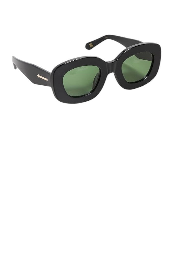 Naked Pear Karen Walker Field Trip sunglasses featuring a chunky black bio-acetate rectangular frame and green lenses.