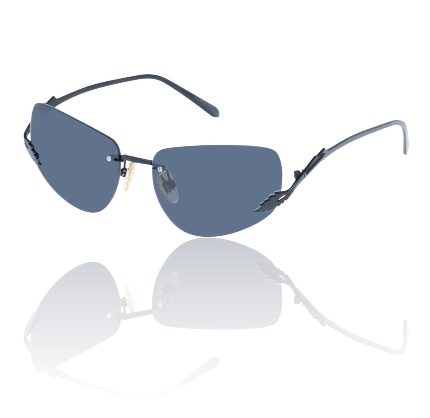 Naked Pear Karen Walker Fleur rimless sunglasses with black Monel metal frames and grey mono lenses.