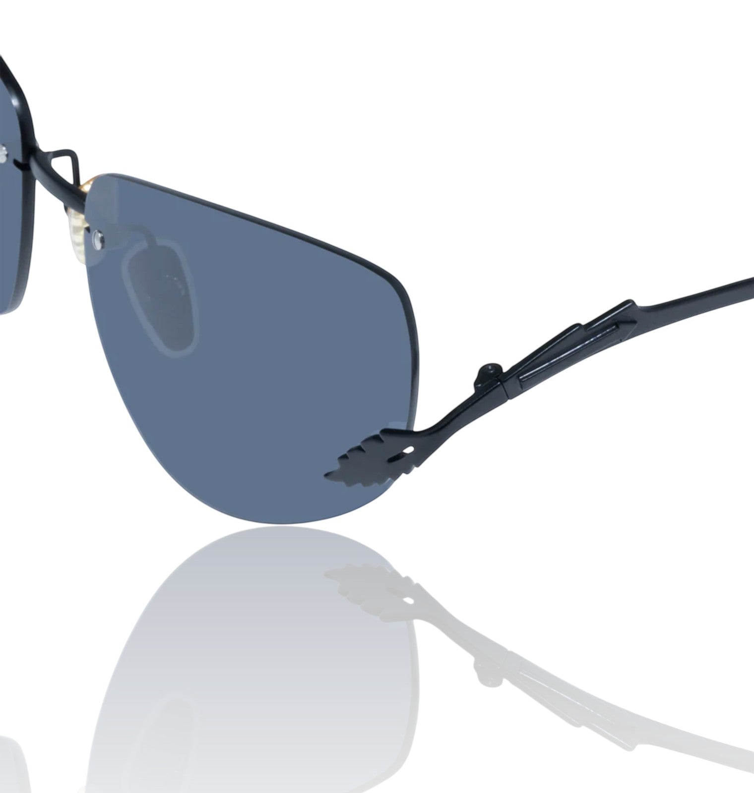 Naked Pear Karen Walker Fleur rimless sunglasses featuring black Monel metal frames and smoke grey mono lenses