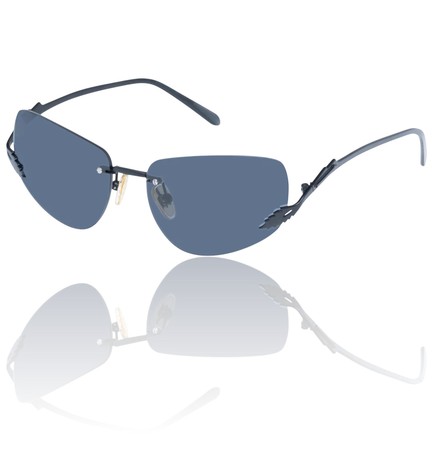 Naked Pear Karen Walker Fleur rimless sunglasses with black Monel metal frames and grey mono lenses.