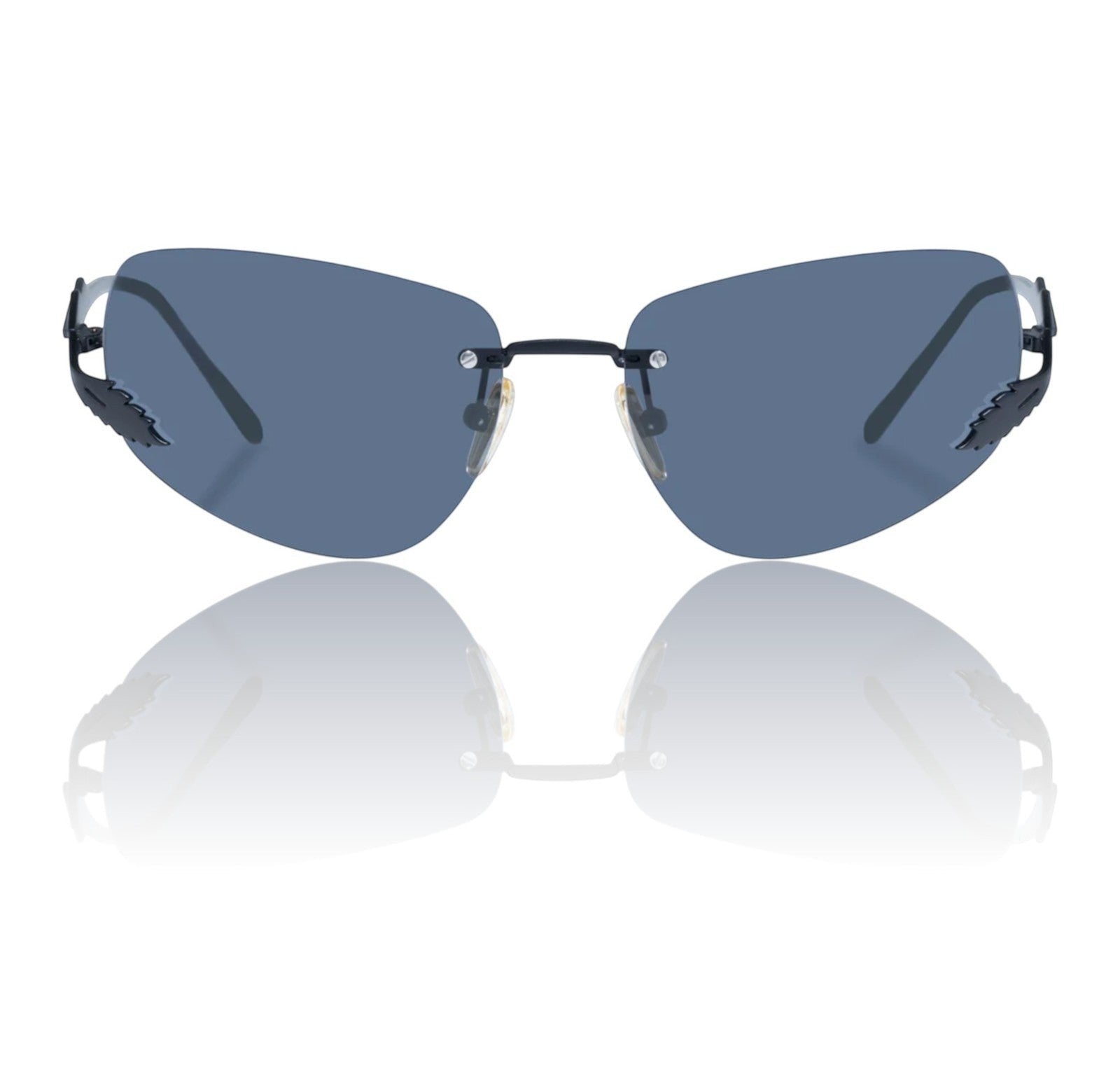 Naked Pear Karen Walker Fleur rimless sunglasses with black Monel frames and smoke grey mono lenses.