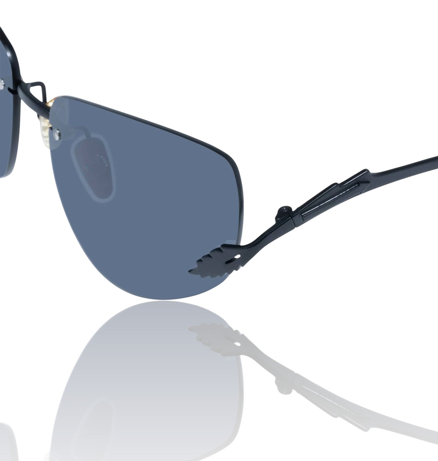 Naked Pear Karen Walker Fleur rimless sunglasses with black Monel frames and smoke grey mono lenses.