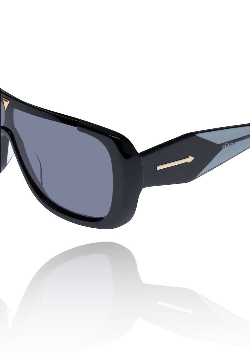 Naked Pear Karen Walker Hexed B black bio-acetate shield sunglasses with grey smoke lenses and gold-tone hardware.