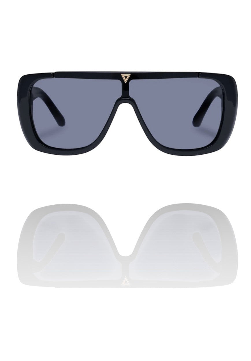 Naked Pear Karen Walker Hexed B black bio-acetate shield sunglasses with smoke mono lenses and gold-tone hardware.