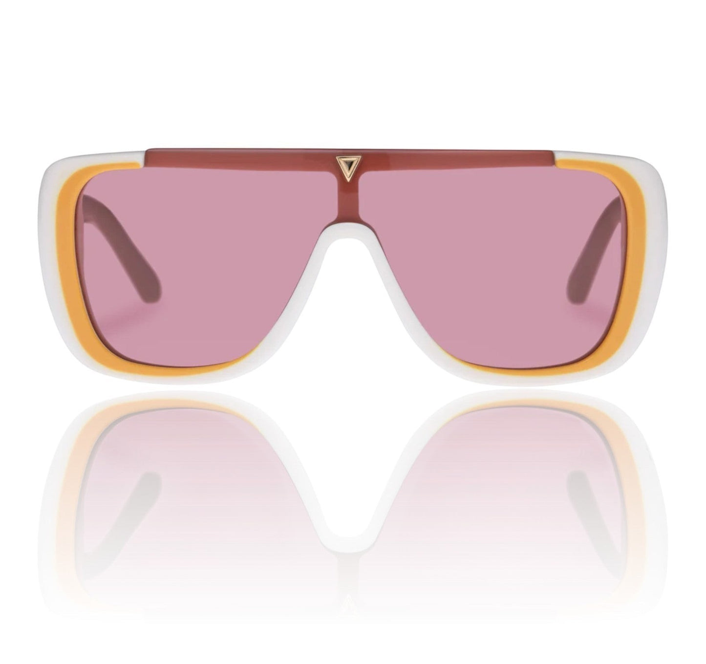 Naked Pear Karen Walker Hexed sunglasses featuring an ivory acetate shield frame with pink-tinted lenses and gold detail.