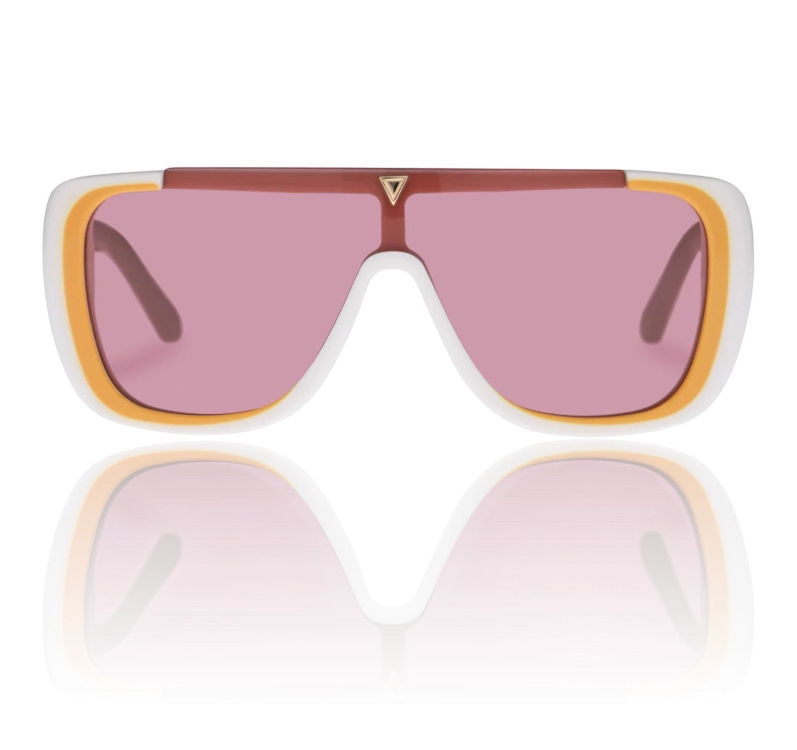 Naked Pear Karen Walker Hexed sunglasses featuring an ivory acetate shield frame with pink-tinted lenses and gold detail.