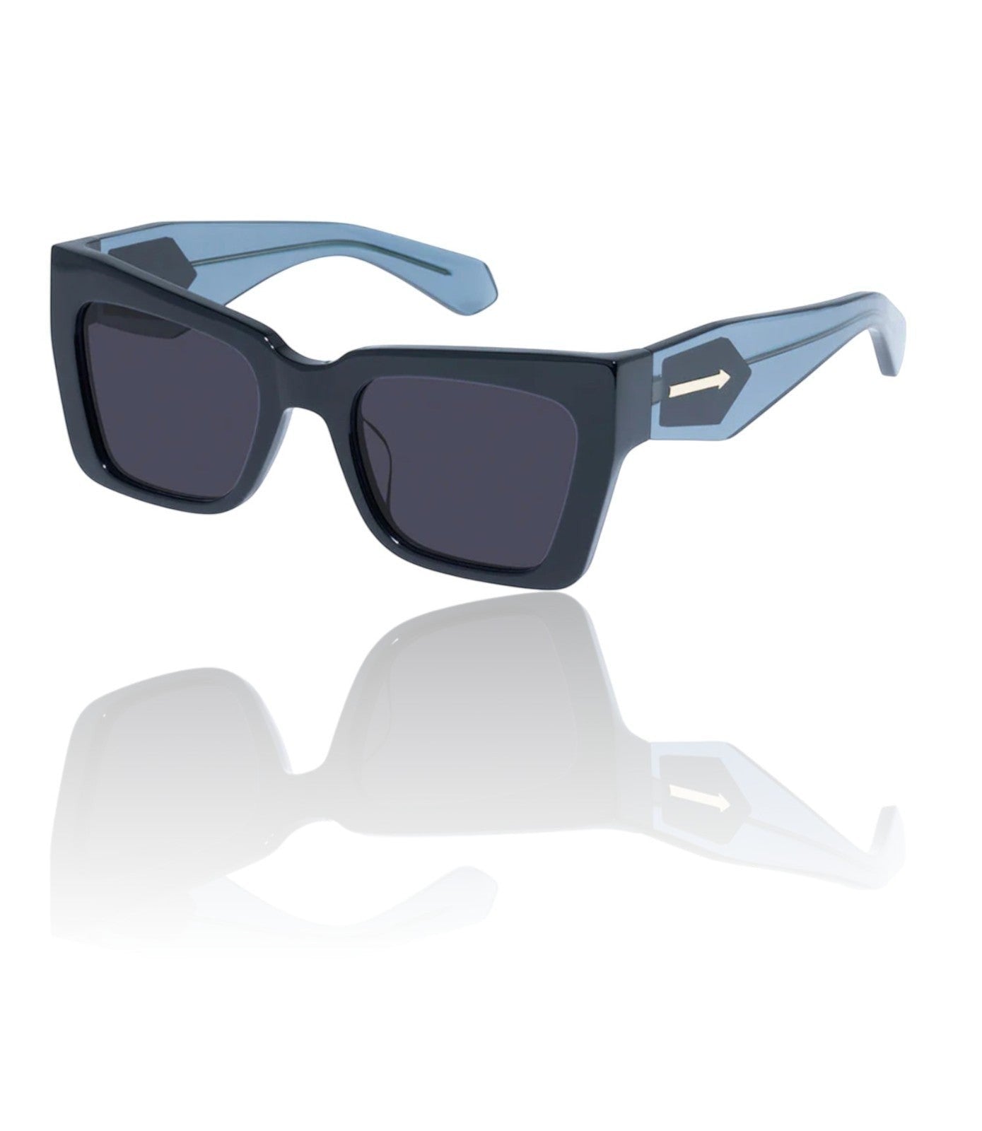 Naked Pear Karen Walker Immortalised sunglasses with black square cat-eye acetate frames, blue arms, and gold arrow detail.