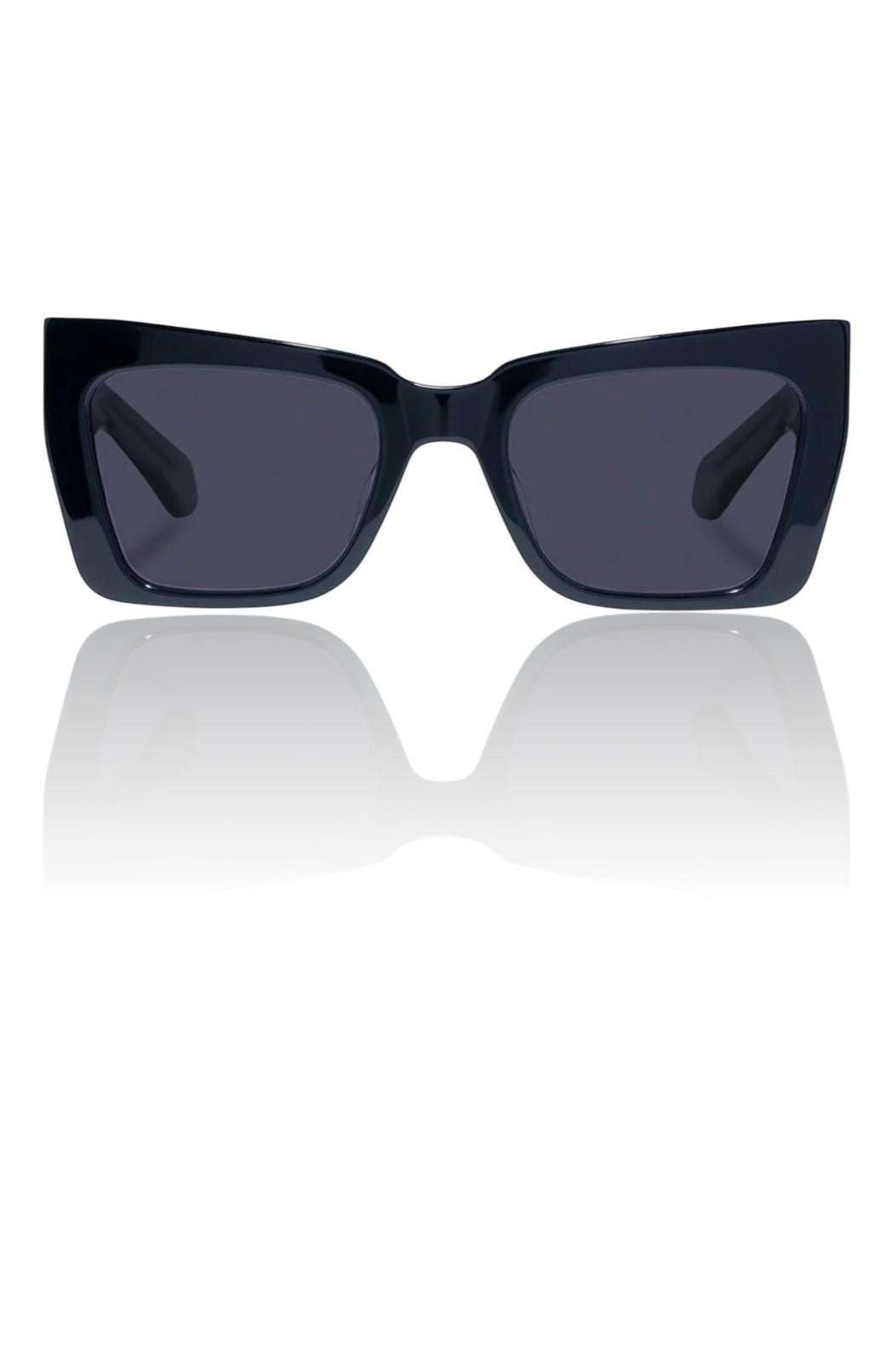 Naked Pear Karen Walker Immortalised black square cat-eye sunglasses with smoke lenses and blue transparent arms.