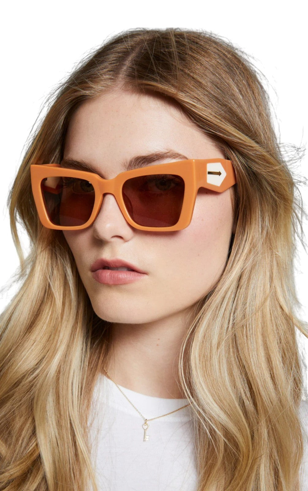 Naked Pear Karen Walker Immortalised square cat-eye sunglasses in Italian clay with white accents and tan lenses.