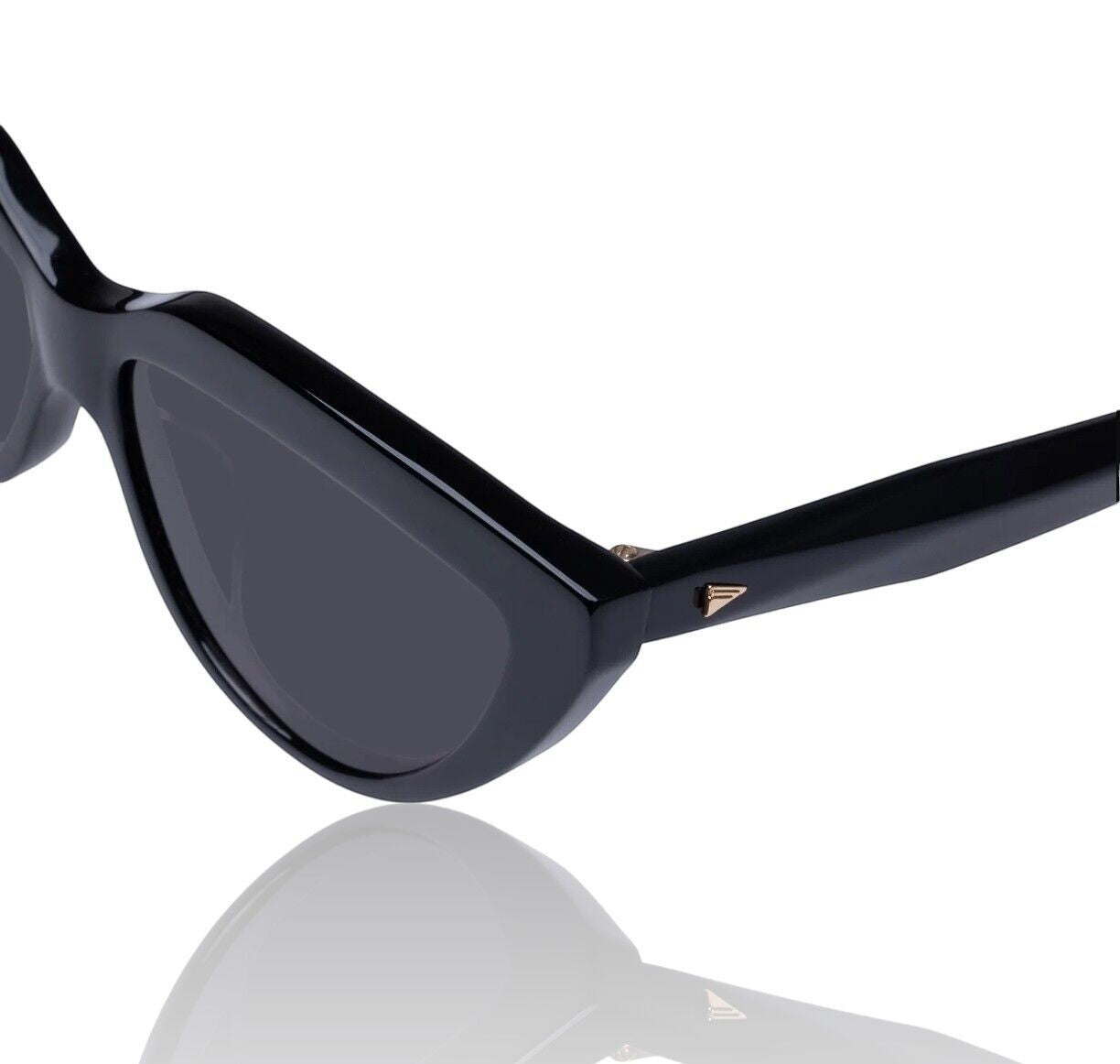 Naked Pear Karen Walker Lash Splash black cat-eye sunglasses with signature arrow hardware and grey mono lenses.