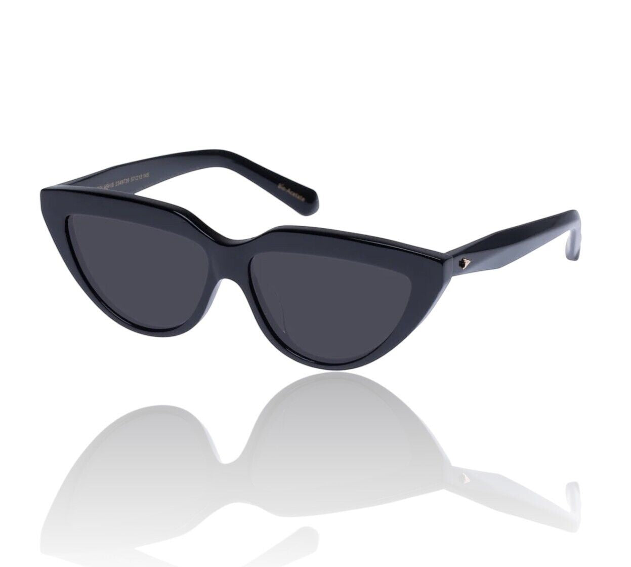 Naked Pear Karen Walker Lash Splash black bio-acetate cat-eye sunglasses with grey mono lenses and arrow temple detail.