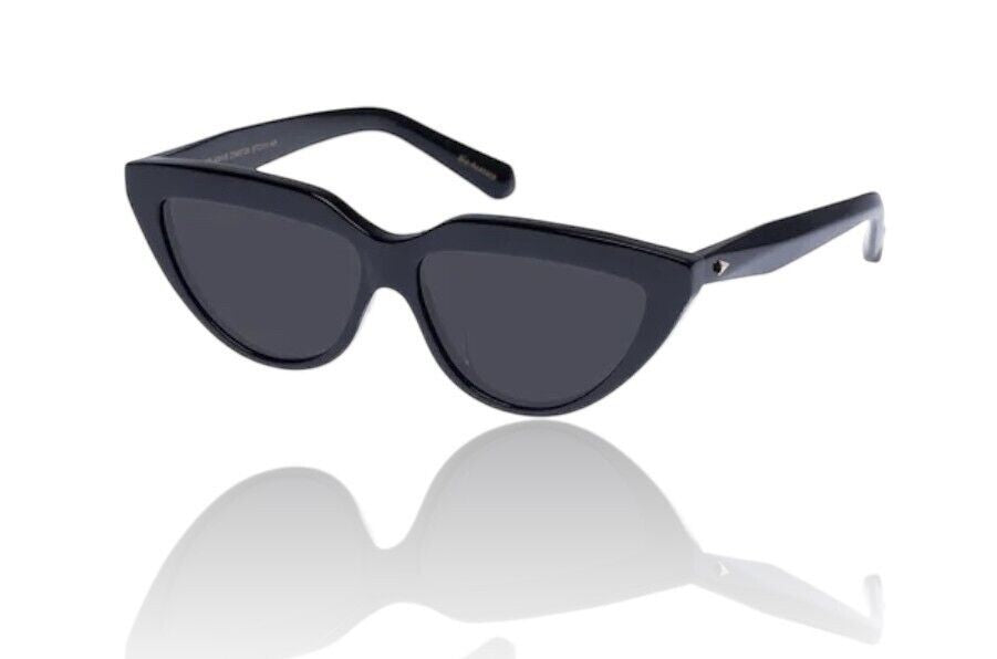 Naked Pear Karen Walker Lash Splash black cat-eye sunglasses with grey mono lenses and signature arrow temple hardware.